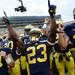 Michigan wide receiver Dennis Norfleet celebrates with his teammates after beating Central Michigan 59-9 at Michigan Stadium on Saturday, August 31, 2013. Melanie Maxwell | AnnArbor.com